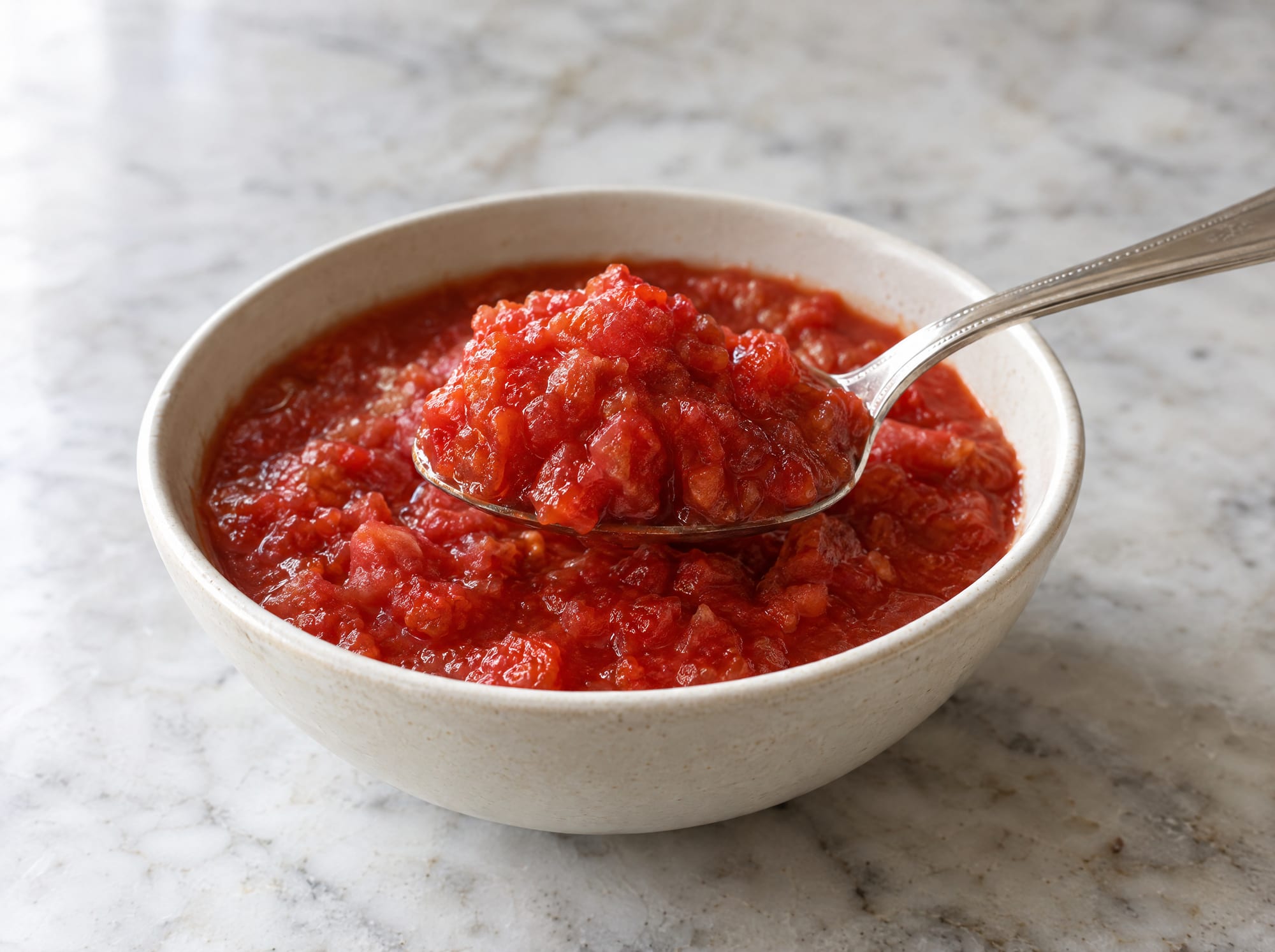 A spoon resting in a bowl of crushed tomatoes, heaped with pulp that holds its shape.