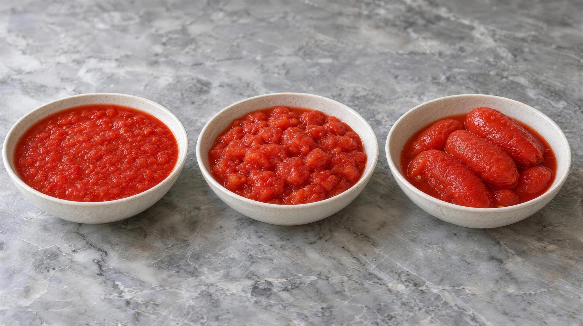 Three bowls side by side showing the range from fine to coarse to whole: crushed tomatoes, chopped tomatoes, and whole peeled plum tomatoes in juice.