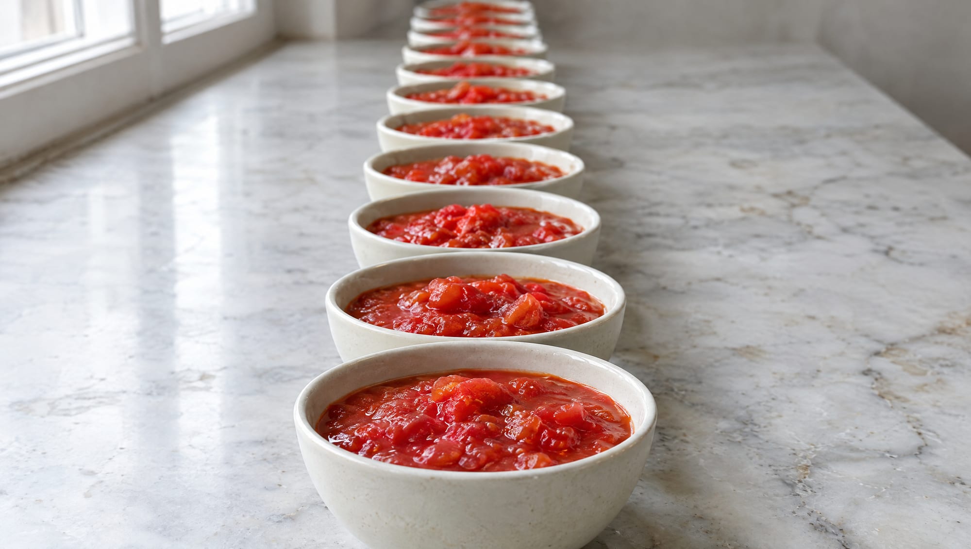 A long row of identical bowls, each holding the same portion of crushed tomatoes.