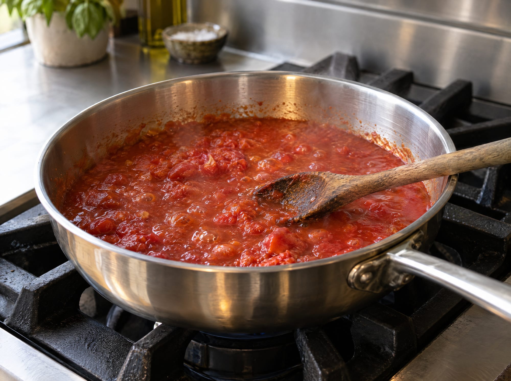 Tomato sauce simmering in a steel saute pan on a gas stove, with a wooden spoon resting in it.