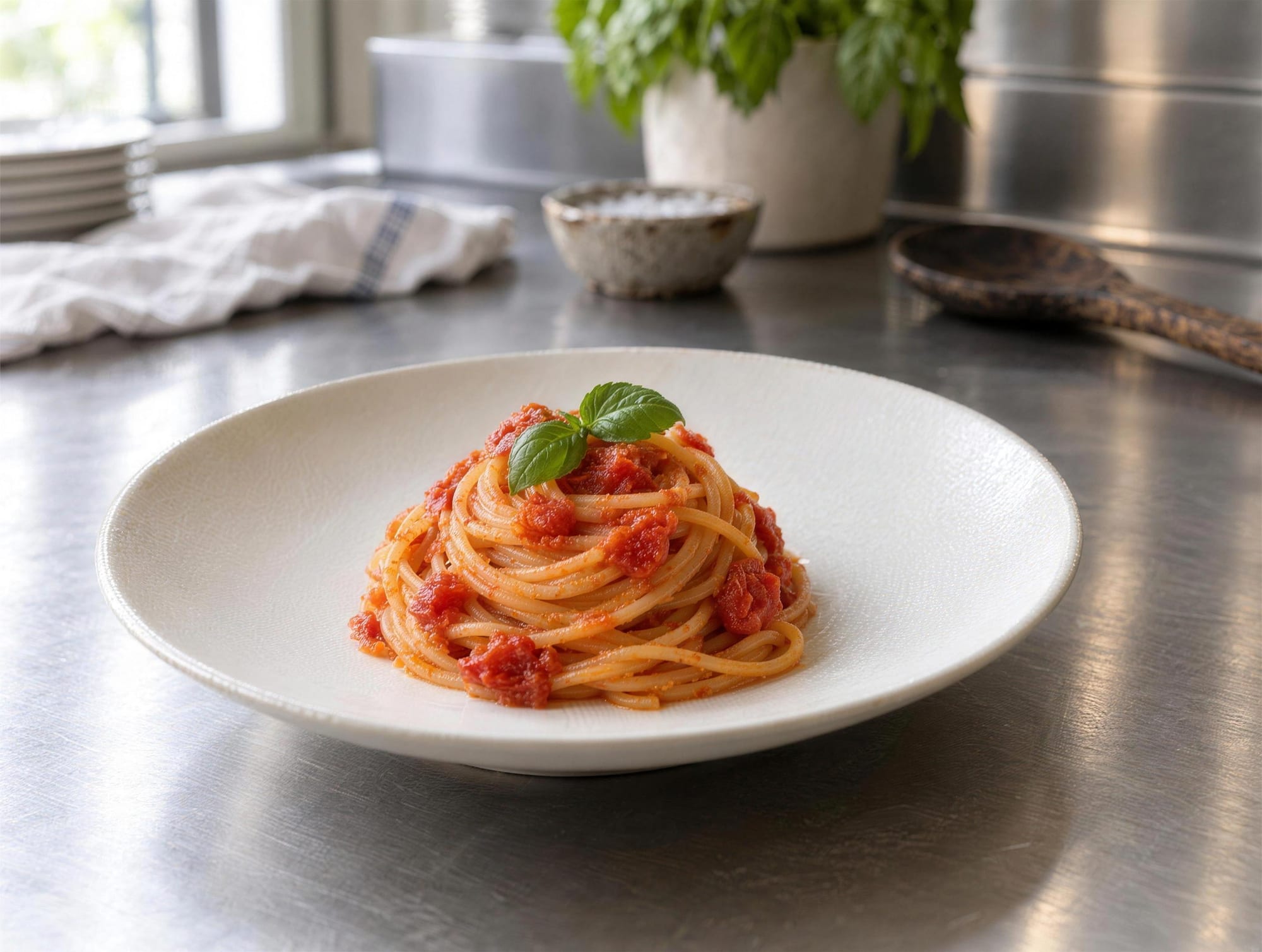 A plate of spaghetti tossed with tomato sauce and topped with basil, on a stainless steel bench in a working kitchen, pieces of tomato still visible in the sauce.